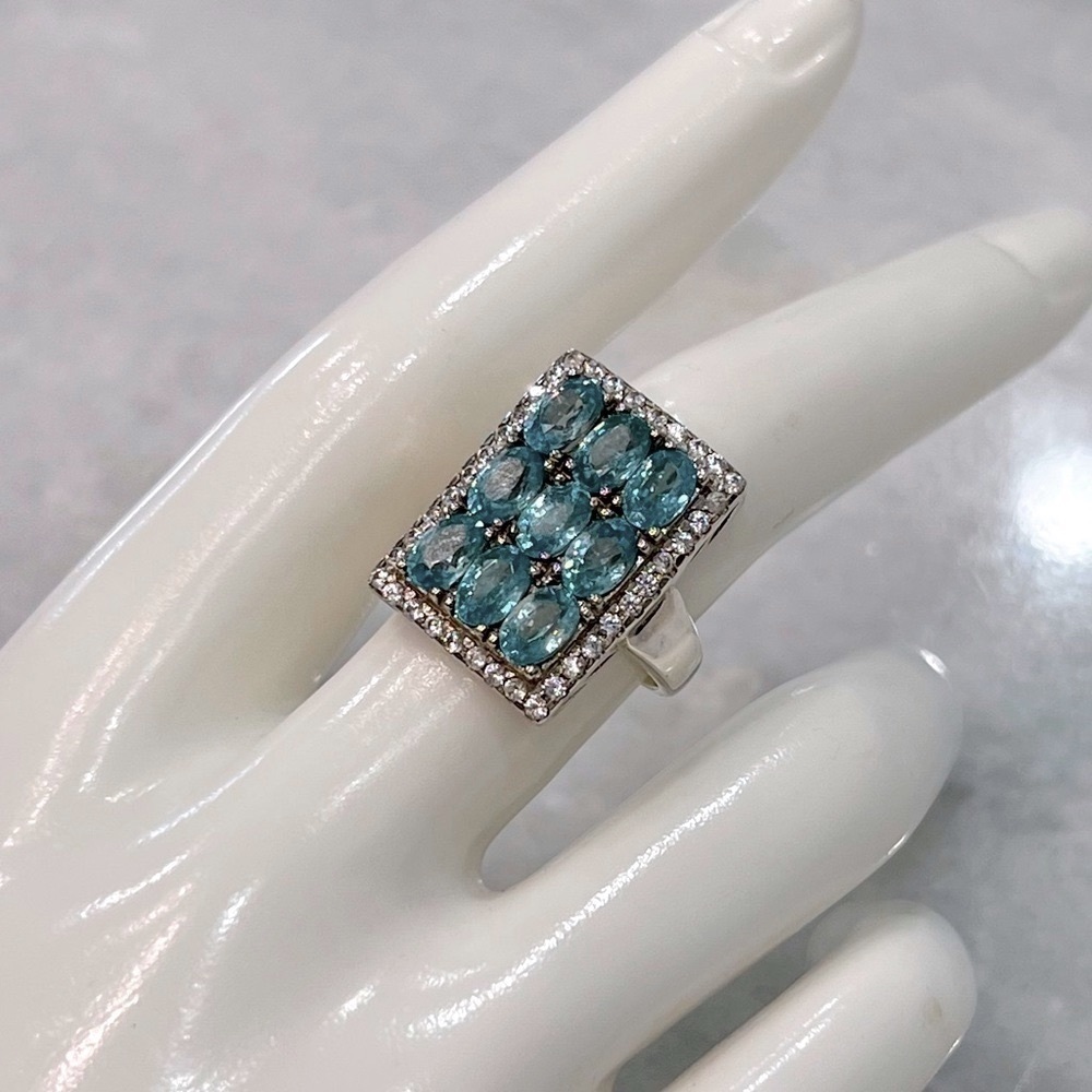 Cambodian Blue Zircon White Zircon Sterling Silver Rectangular Cluster R… - Picture 3 of 14